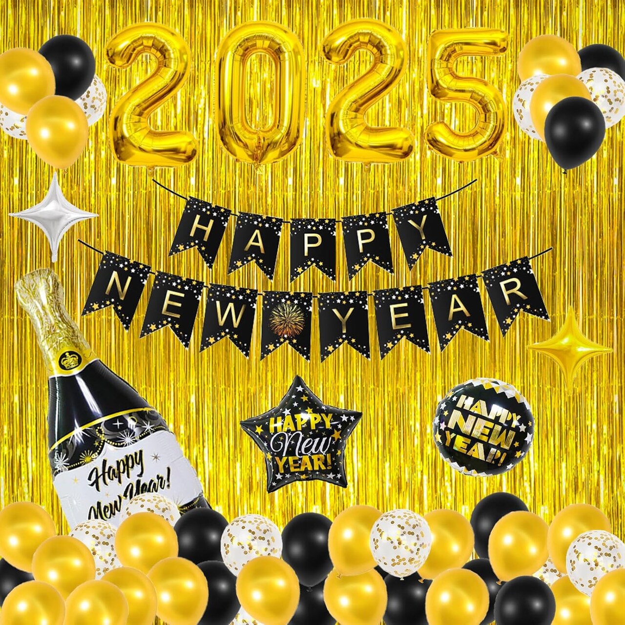 New Years Eve Party Supplies 2025, Happy New Years Decorations Kit, New Years Decorations 2025 Balloons Party Supplies with 2025 Foil Balloons Banner, Latex Balloons, Backdrop for NYE Decorations